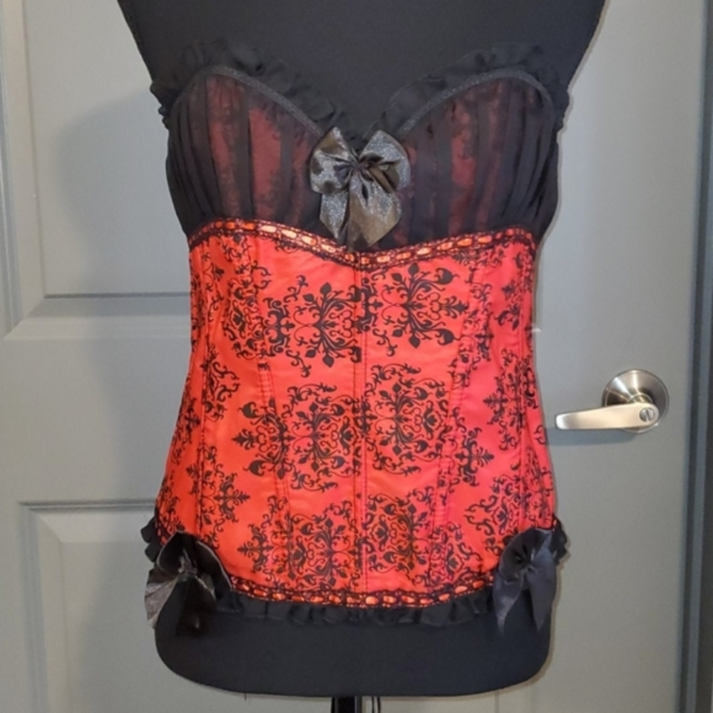 Womens Red Black Damask Corset Top Lingerie Burlesque Bustier Size XXL